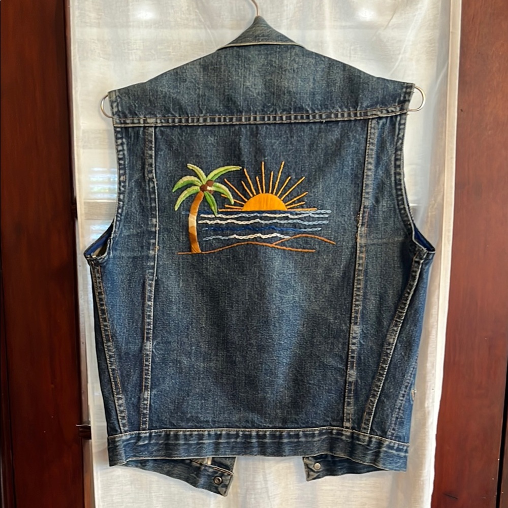 Vintage Denim Vest with Tropical Sunset Embroidery Patch